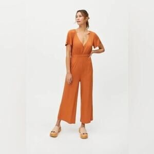 Allison + UO Orange Allison Wide Leg Ribbed Deep Plunge Backless Jumpsuit Medium